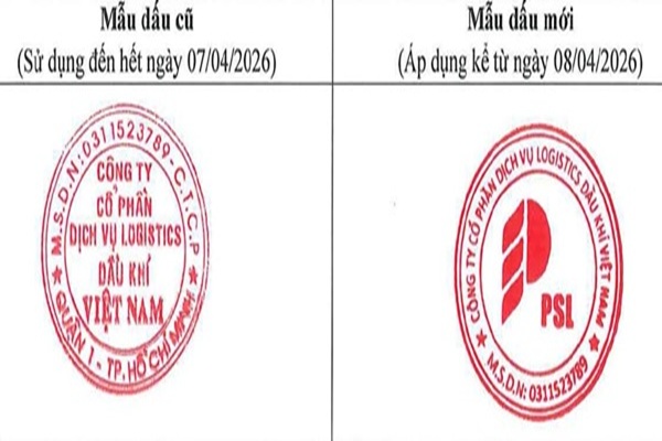 Công ty Cổ phần Dịch vụ Logistics Dầu Khí Việt Nam  (PSL Việt Nam) thông báo thay đổi mẫu dấu công ty kể từ ngày 08/04/2026